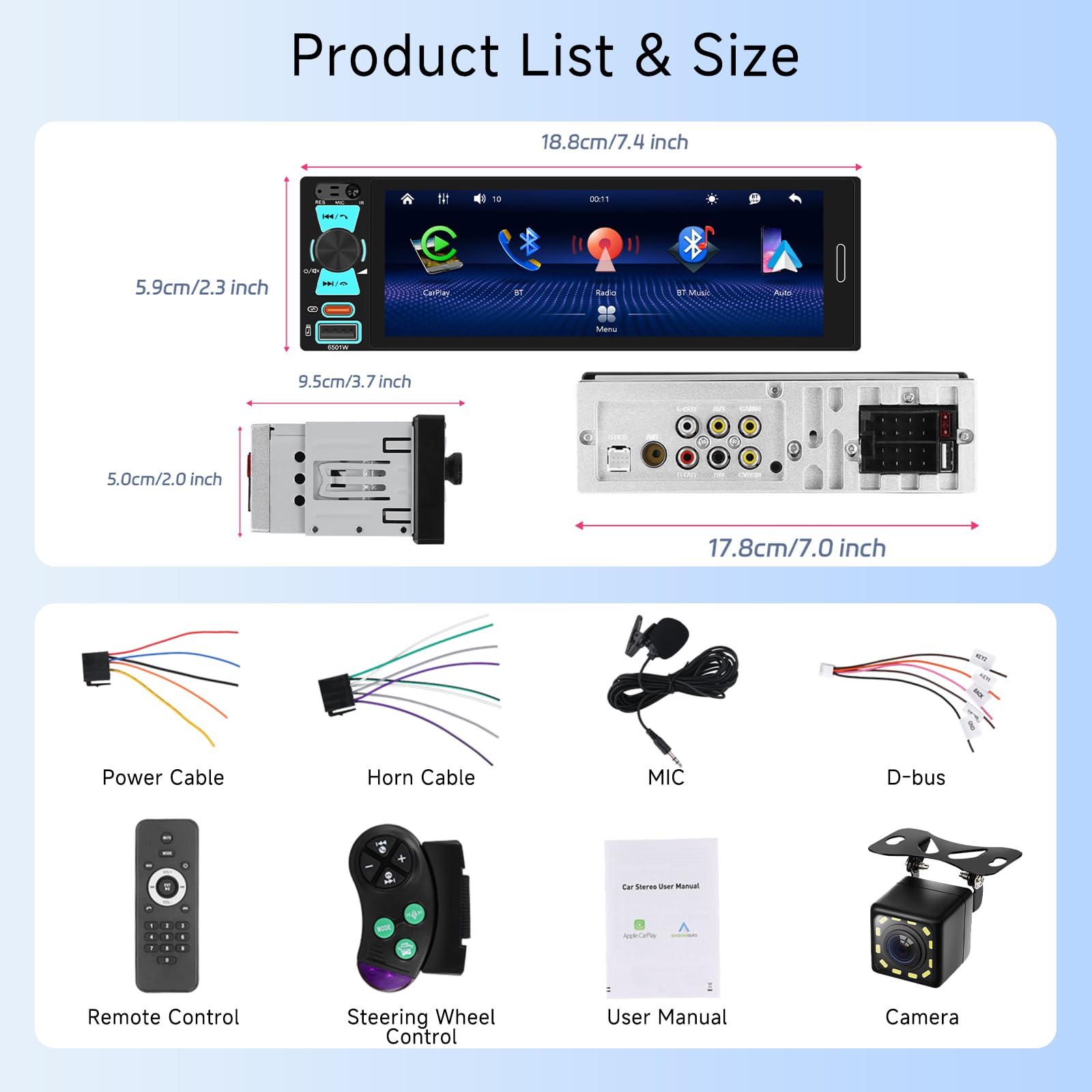 Hodozzy Autoradio 1 Din avec Carplay Android Auto sans Fil, écran Tactile 6,5 Pouces avec Bluetooth, Poste Radio Voiture Multimédia AM FM RDS MP5, Mirror Link, Type-c/USB/AUX SWC EQ, Caméra Recul