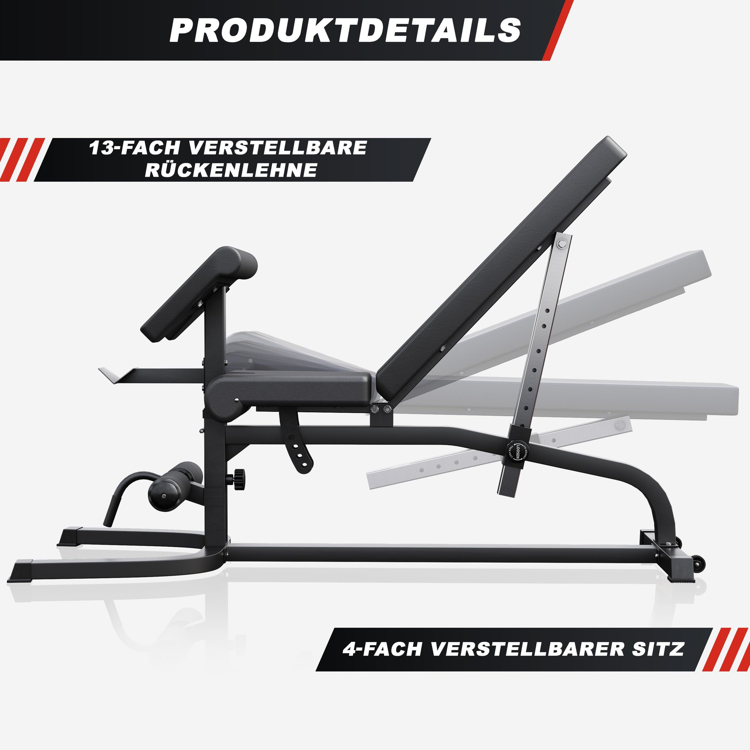 GORILLA SPORTS® Hantelbank, 13-fach Rücken, 4-fach Sitz, bis 200 kg | Mit Curlpult, Hantelablage, Beinstrecker, Beinbeuger und Rastbolzen; Schrägbank, Negativbank, Flachbank, Fitnessbank