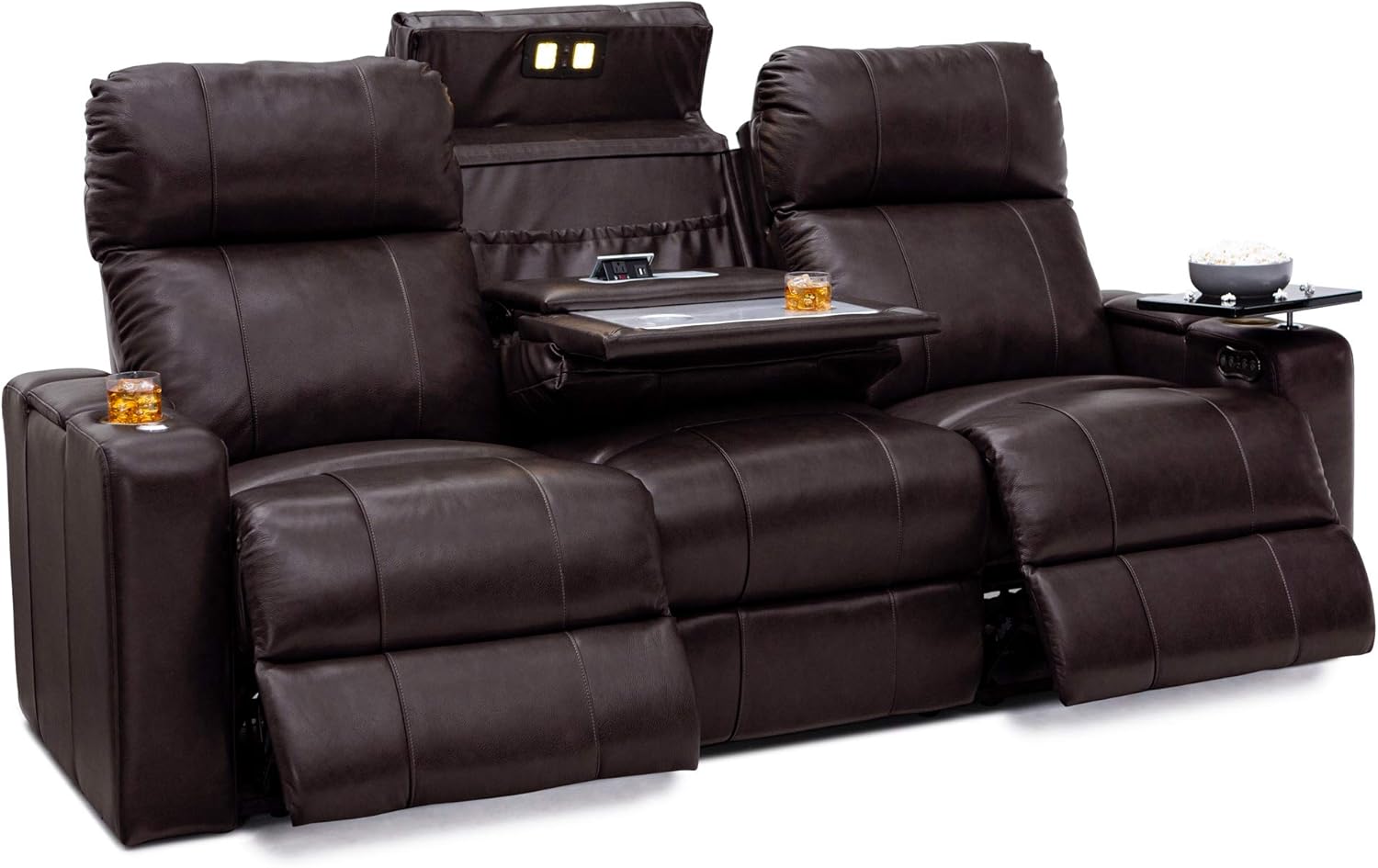 Seatcraft Octavius Big & Tall Home Theater Seating, Living Room, Italian Leather, Power Recline, Powered Headrests, USB Charging, Cup Holders (Sofa with Fold Down Table, Brown)