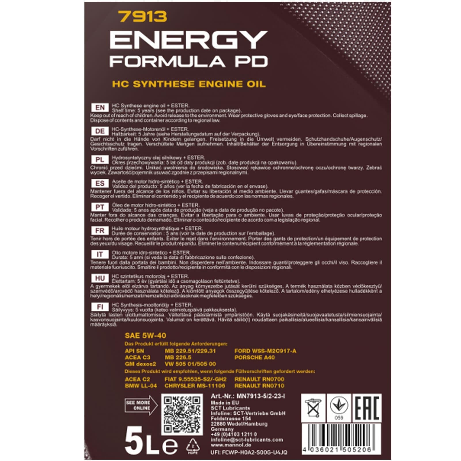 7L Mannol Energy Formula Pd SAE 5W40 Motoröl | passend für 502.00/505.01 LL-04 dexos2, Motoröl