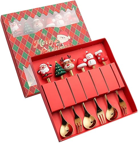 Juego de 6 cucharas de Navidad, tenedores de acero inoxidable, cucharas de postre de acero inoxidable, cucharas de postre de sopa, cucharas de té,