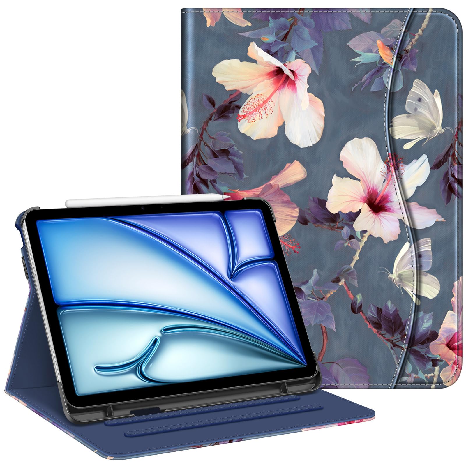 Fintie Case for iPad Air 11-inch M3 2025 M2 2024, iPad Air 5th Gen (2022) / iPad Air 4th Gen (2020) 10.9 Inch, Multi-Angle Viewing Protective Cover with Pencil Holder & Pocket, Blooming Hibiscus