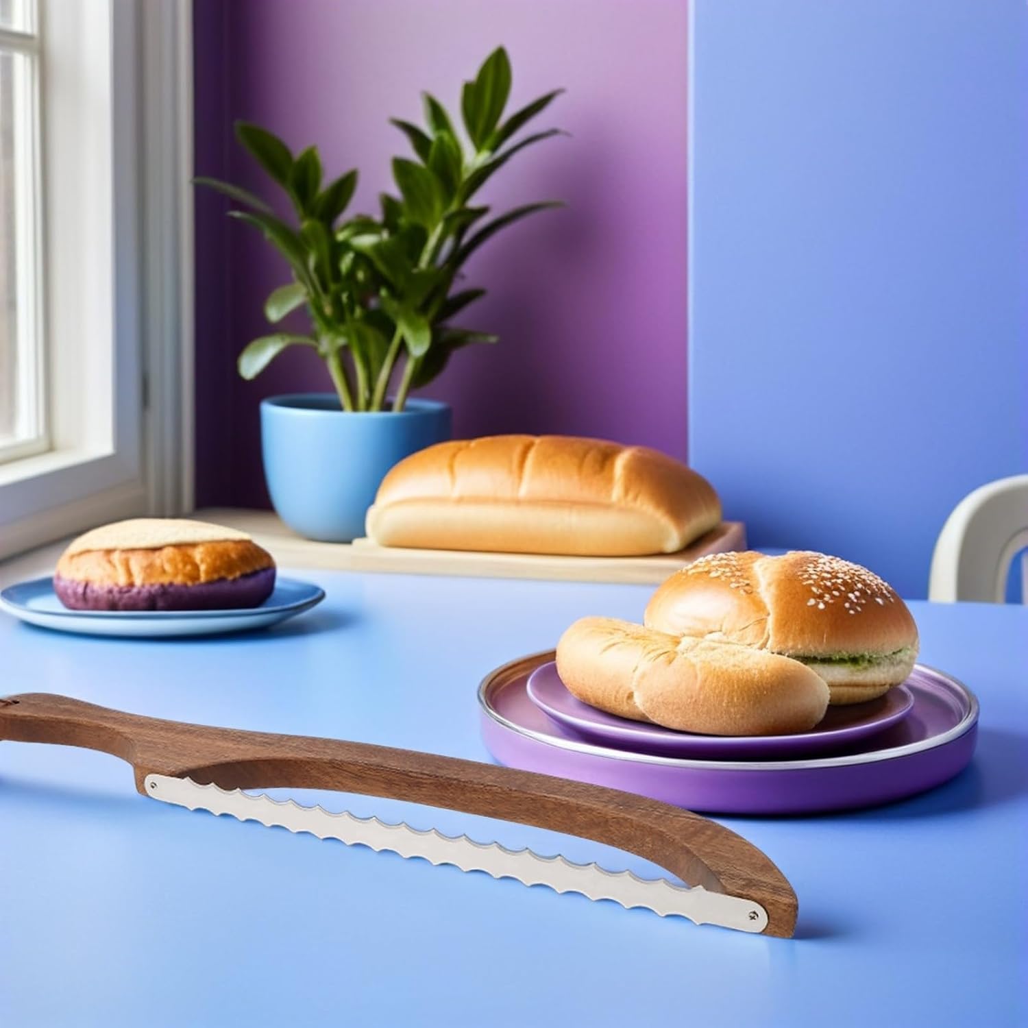 Wooden Bread Cutter Set with Metal Serrated Blade for Even Slices