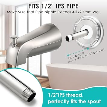 Thread On 5-1/4 Inches Bathroom Tub Spout with Diverter, Brushed Nickel