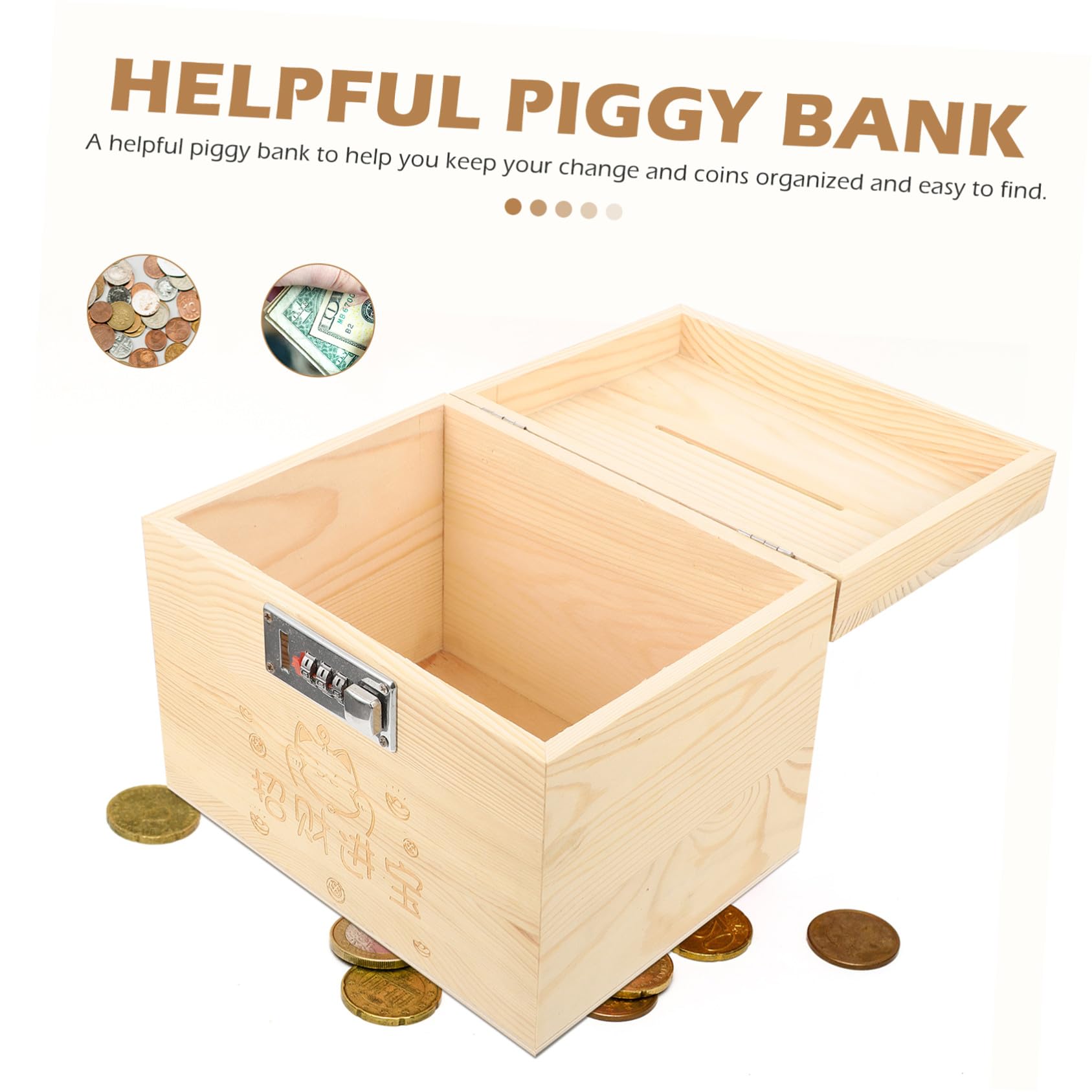 Caja Fuerte de Madera Maciza con Cerradura Codificada Hucha Decorativa para Escritorio Caja de Ahorro Grande para Billetes y Monedas Estilo Organizador Práctico para Adultos