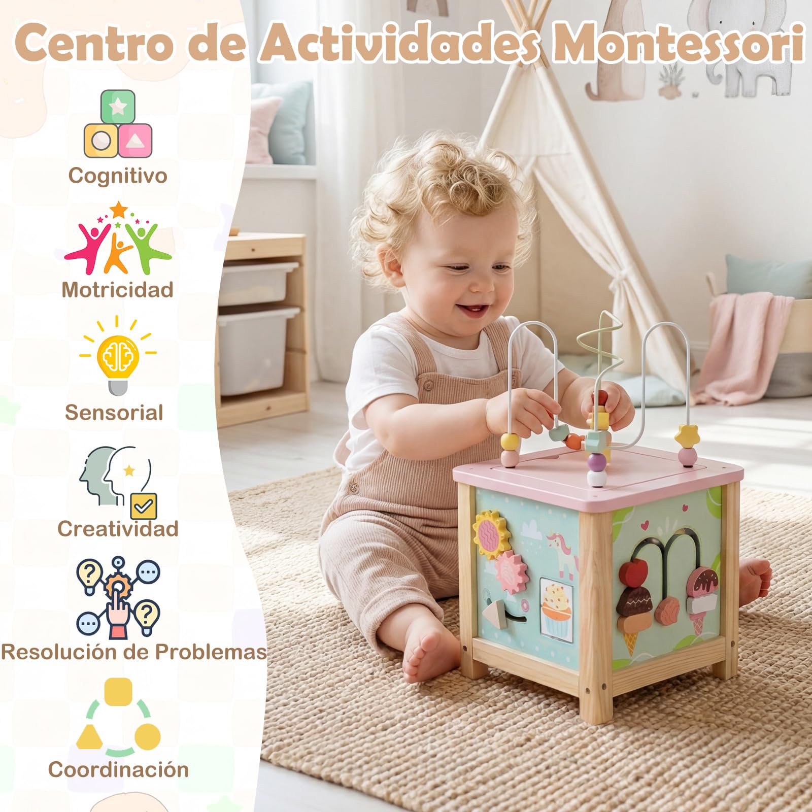 COSTWAY Cubo de Actividades de Madera, Juguetes Sensoriales Montessori para Niños de 18+ Meses, Juguetes Educativos para Bebés, Juguetes de Aprendizaje