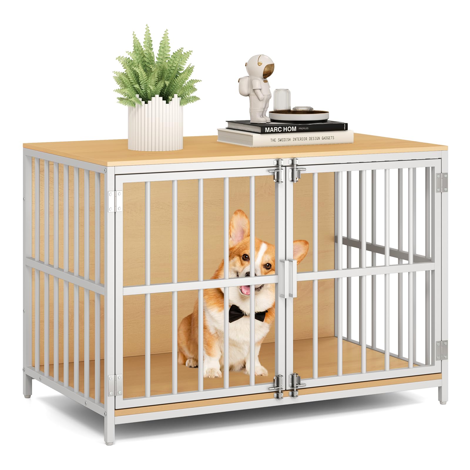 COSTWAY Dog Crate Furniture, Wooden Indoor Dog Kennel with Lockable Double Doors, Heavy-duty Pet Cage Side End Table for Small & Medium Sized Dogs, 100 x 60 x 70cm (Natural)