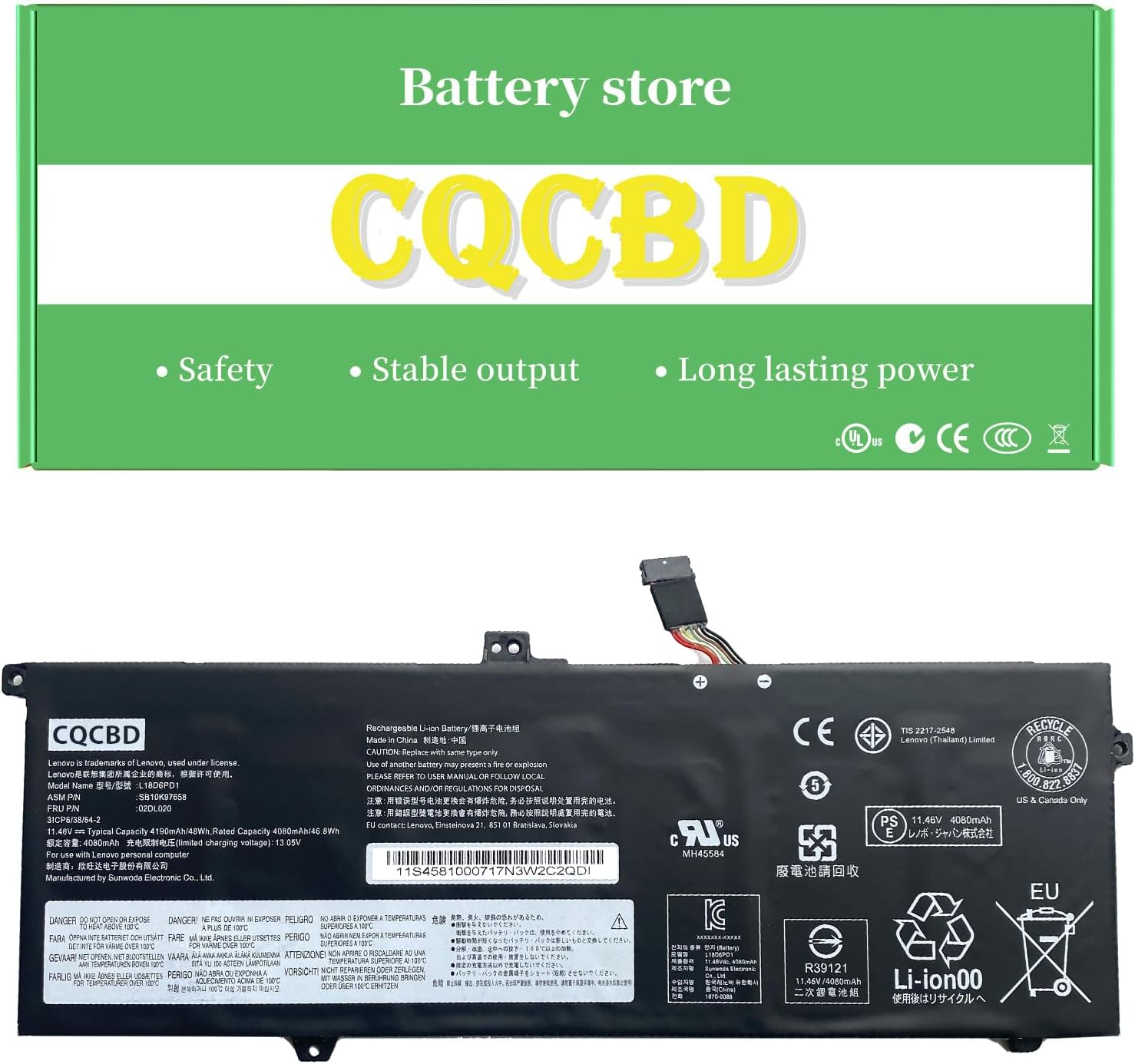 CQCQ L18D6PD1 L18M6PD2 L18C6PD1 L18M6PD1 Battery for Lenovo ThinkPad X13 X390 X395 Series SB10K97655 02DL017 02DL018 SB10K97657 02DL019 02DL020 (11.46V 48Wh/4190mAh)