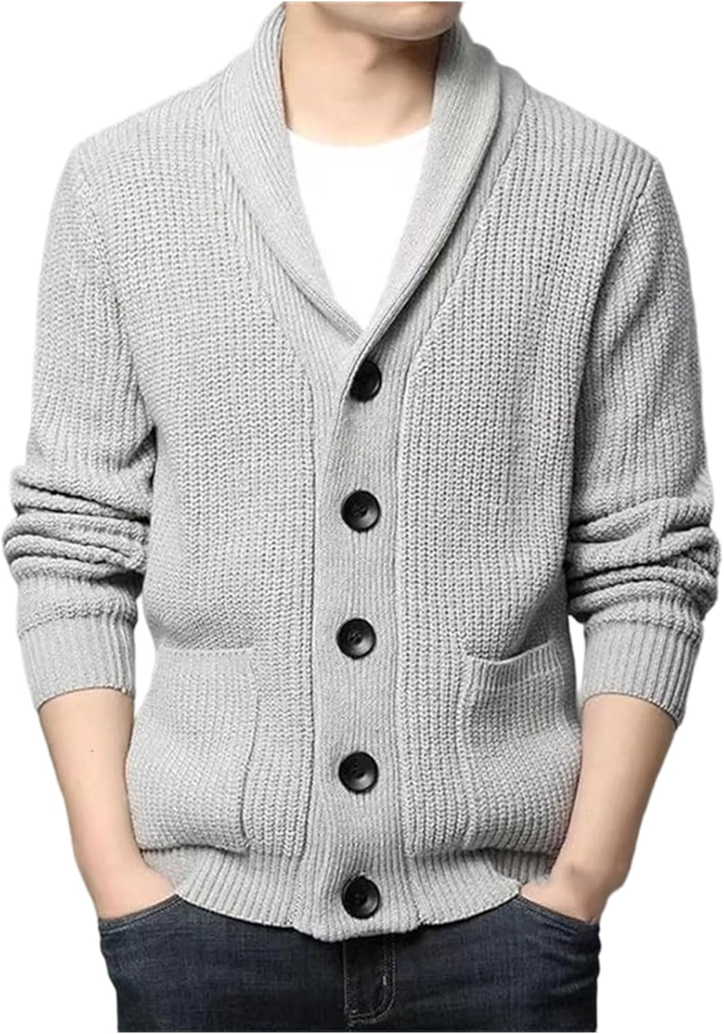 EFOFEI Men Button Up Chunky Sweater Cable Knit Long Sleeve Casual Cardigan Shawl Collar Classic Cardigan Sweater