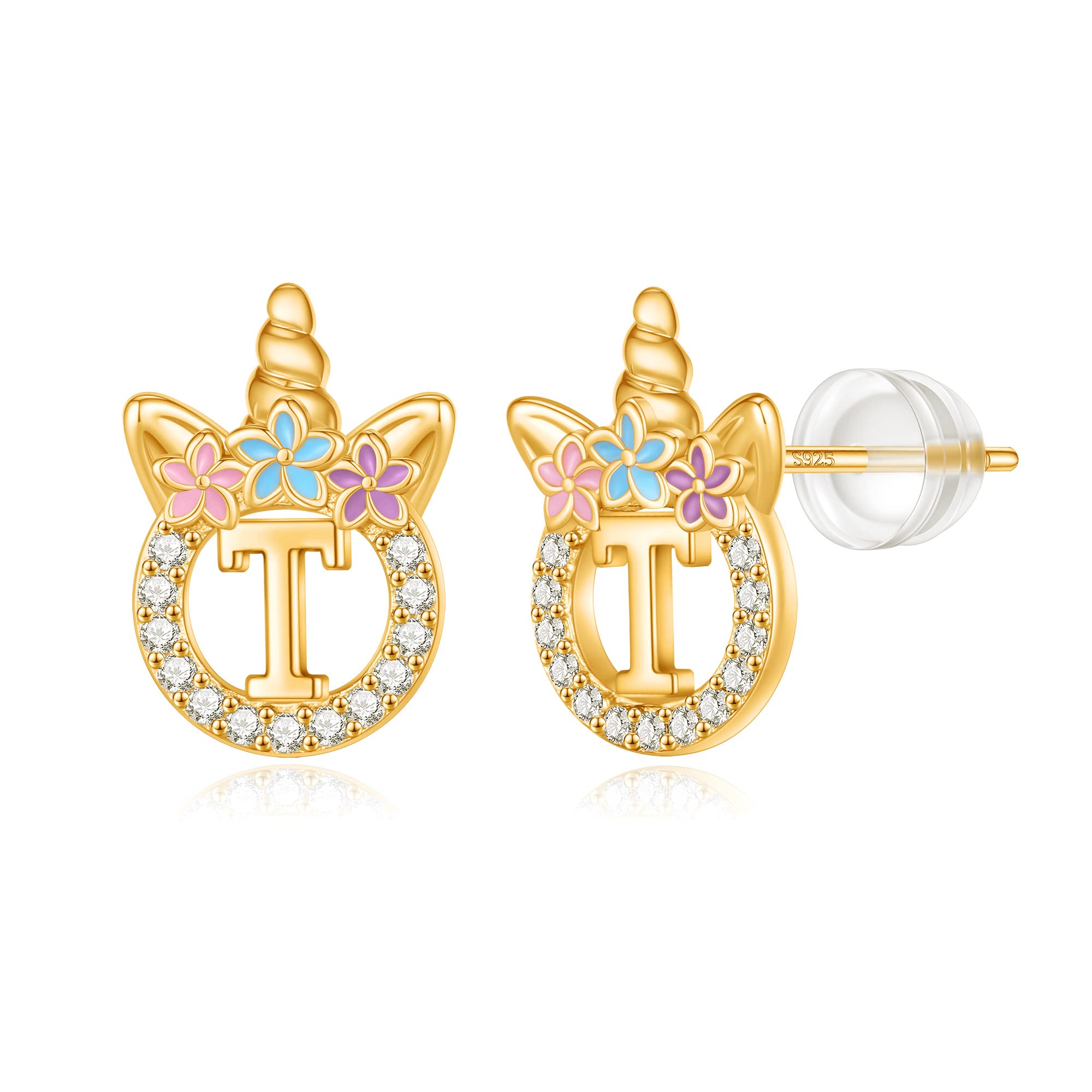 Unicorn Earrings Gifts for Girls - 925 Sterling Silver Stud Earrings Hypoallergenic Initial Unicorn Earring for Girls Kids Jewelry CZ Birthday Gifts