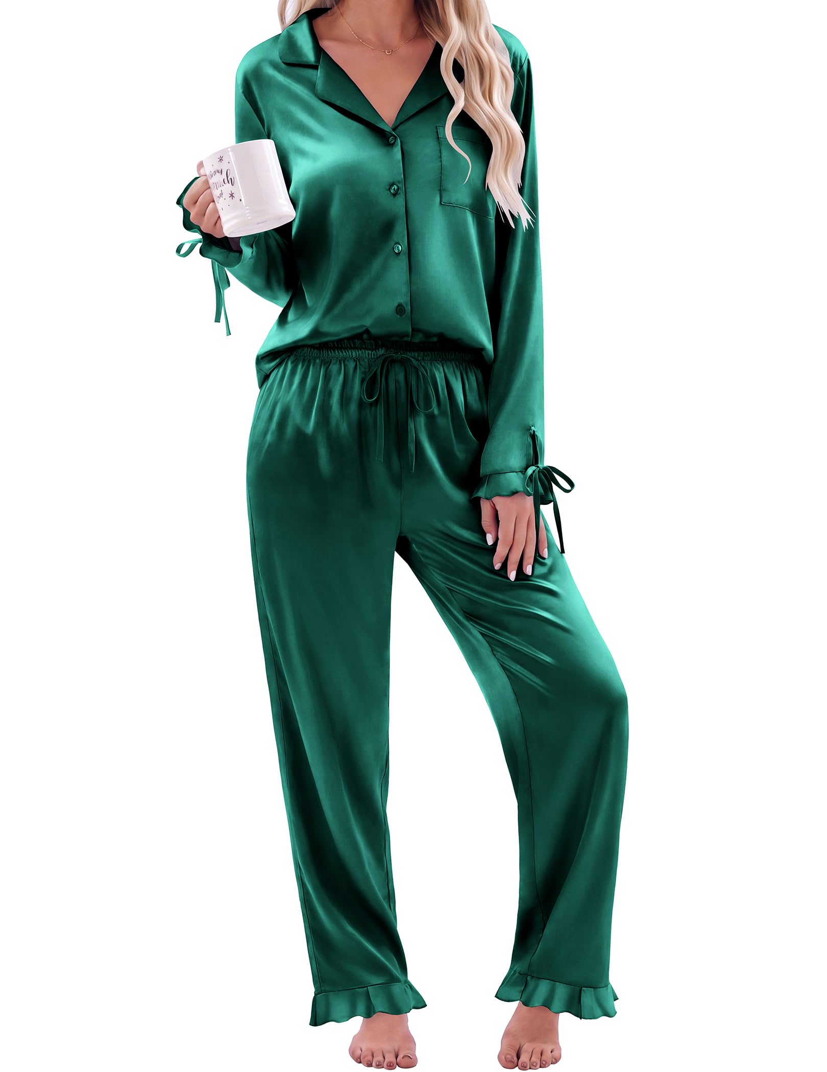 Ekouaer Satin Pajamas for Women Silky Long Sleeve Button Down Pajama Sets | 2 Piece Sleepwear Top with Ruffles and Ribbons & Pants with Pockets Soft Lounge set for Sleep, Daily Wear, Gift, Fall, Winte