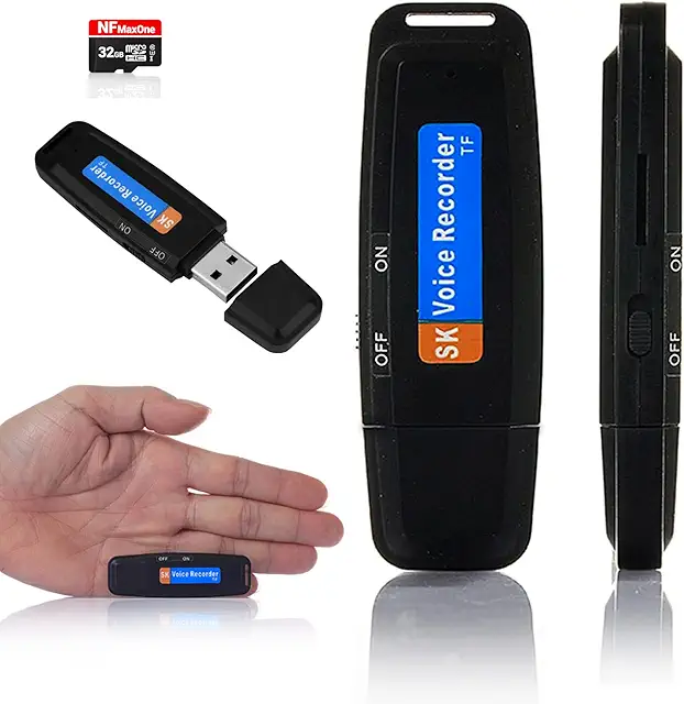 Registratore Vocale Spia Portatile con USB e Scheda SD da 32GB - 500 Ore Registrazione