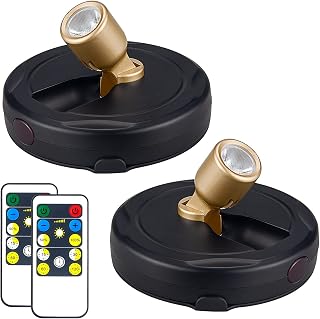 HAMVIDNE Wireless Battery LED Puck Spotlights with Remote - Dimmable Uplights for Artwork, Paintings, Closets, Gold (2-Pack)