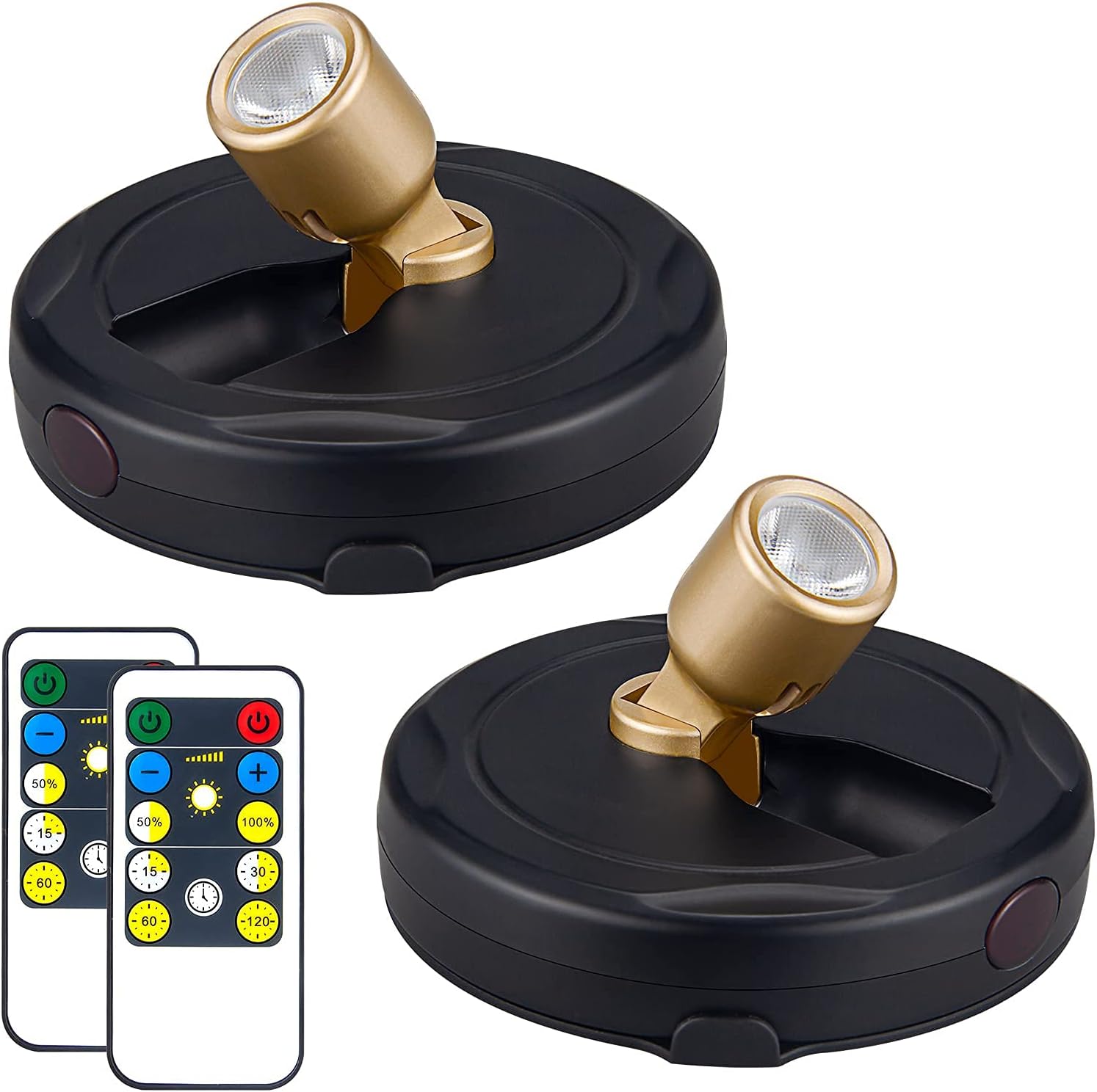 HAMVIDNE Wireless LED Spotlight, Battery Powered Picture Lights, Uplighting Indoor, Puck Lights with Remote, Stick Spot Light for Wall Art Display Dartboard Painting Artwork Accent Closet-Gold