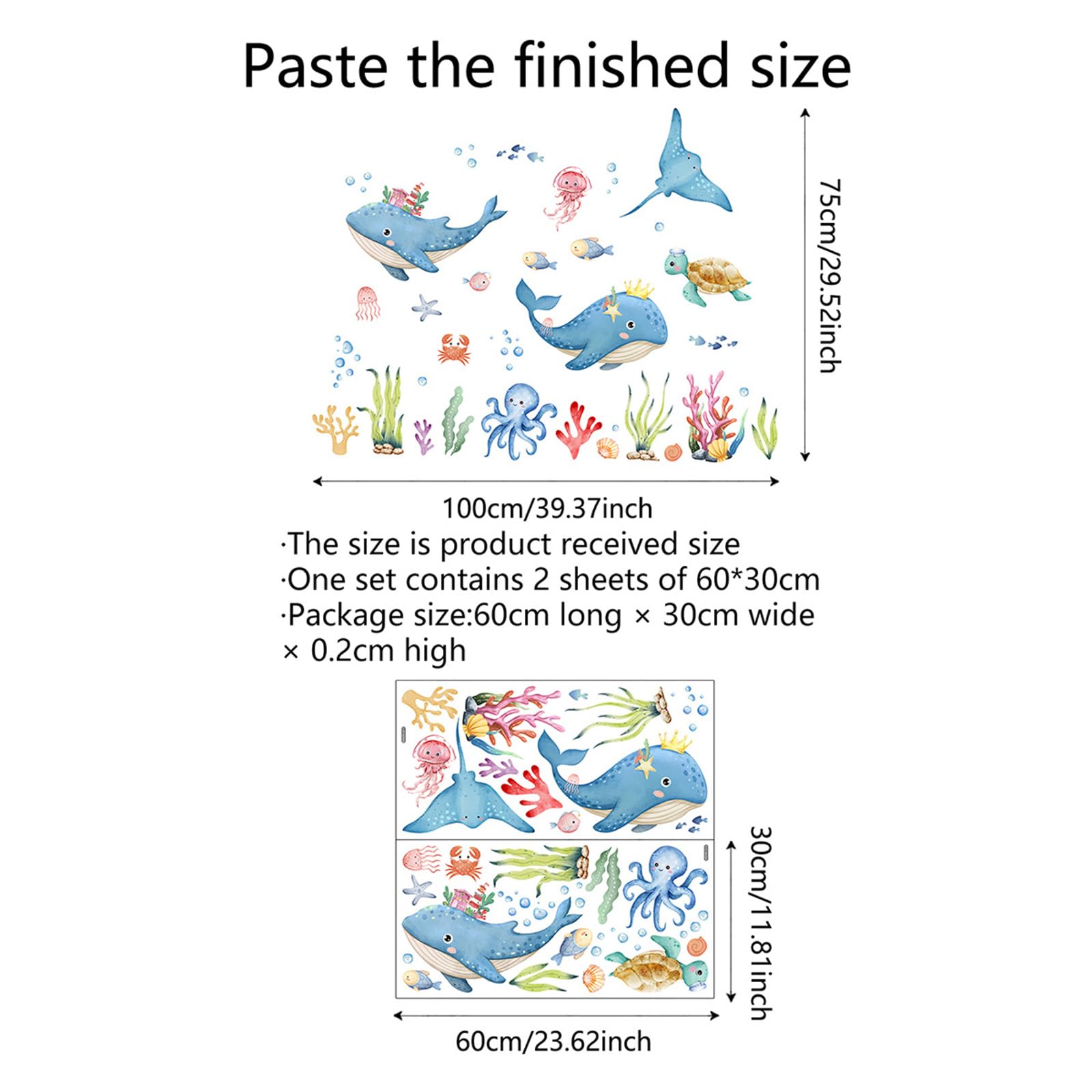 Under the Sea Wall Stickers for Kids Bathroom Watercolor Ocean Animal Wall Decals with Whale, Octopus & Turtle - Image 2
