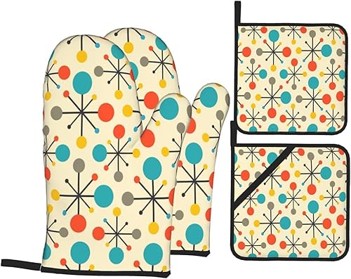 Mid Century Fifties - Manoplas de horno y soportes para ollas de colores atómicos modernos, juego de 4 guantes de horno resistentes al calor con
