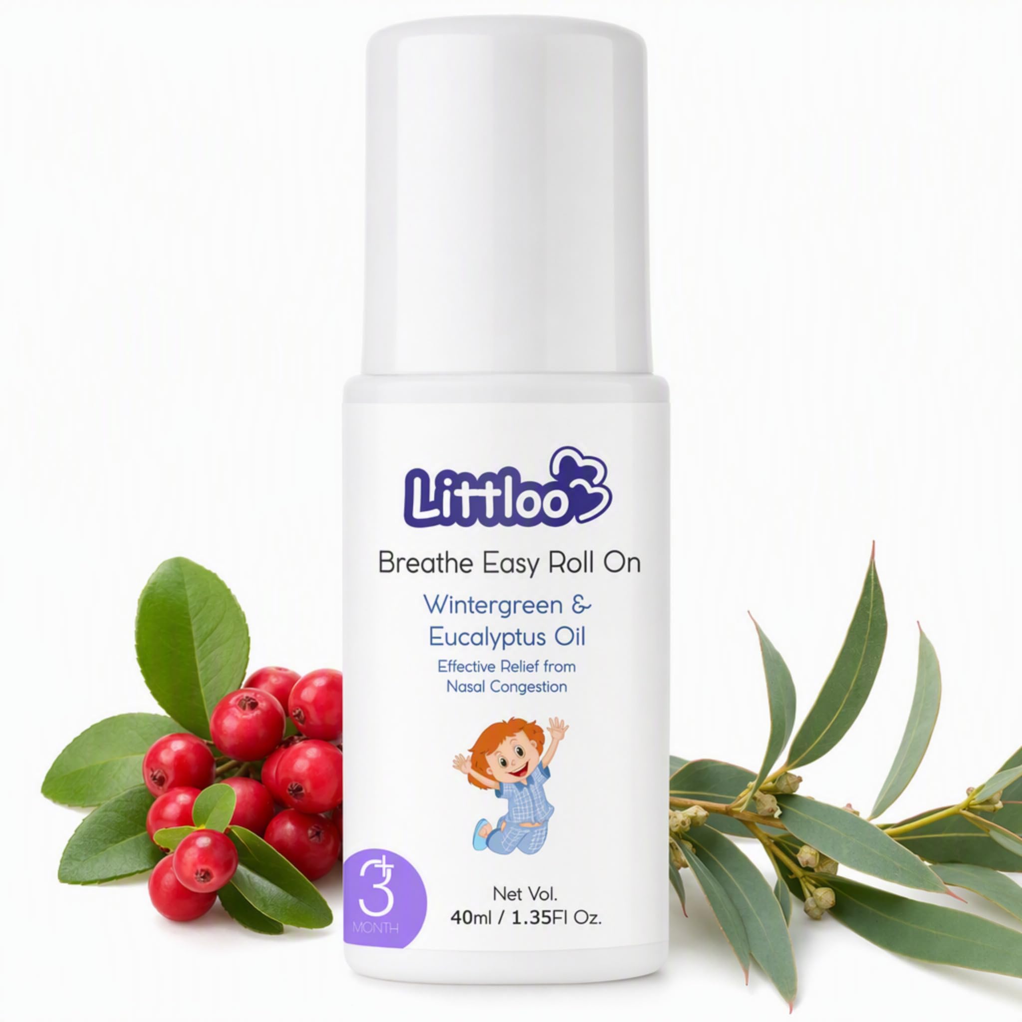 Littloo Breathe Easy Roll-On for Kids - 40ml | Relieves Cold and Nasal Congestion | Enriched With Gandhapura and Eucalyptus Oil