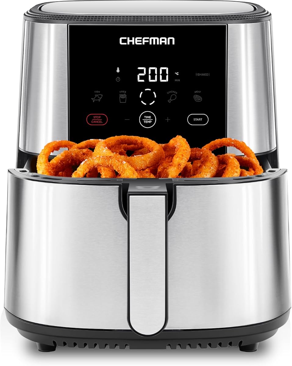 Chefman TurboFry Friggitrice ad aria 7,5L, controllo digitale one-touch, patatine, pollo, carne, pesce, parti antiaderenti lavabili, spegnimento automatico, acciaio inox