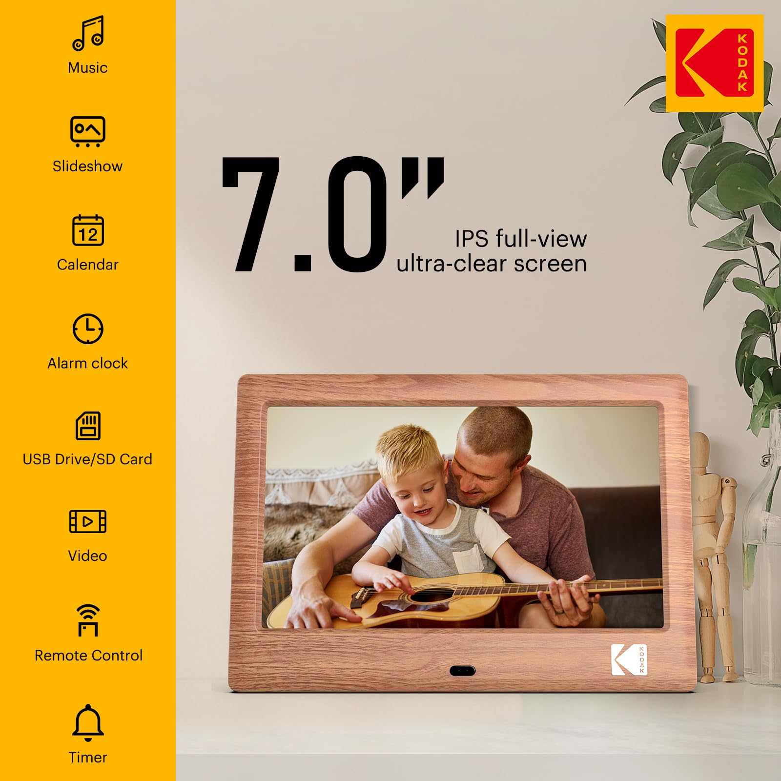 KODAK Cornice digitale da 7 pollici, cornice elettronica, schermo IPS, foto/musica/lettore video, calendario/allarme, supporto USB o scheda SD, rotazione automatica, con telecomando