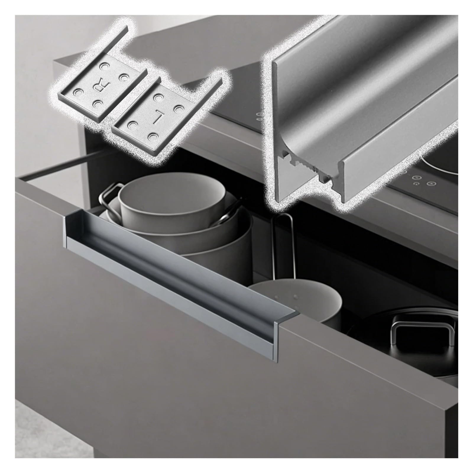 Wdjbpsh Fit 17-19 Mm Panel Grey Invisible Finger Edge Pull For Kitchen Cabinet Drawers, Aluminum Profile Pulls/Cupboard Tracks Handles With End Caps, Cuttable(L115cm/45.3In)
