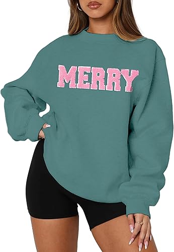 MAPICK Merry Sweatshirt for Women Christmas Fleece Linend Sequin Sweaters Crewneck Oversized Long Sleeve Pullover Tops