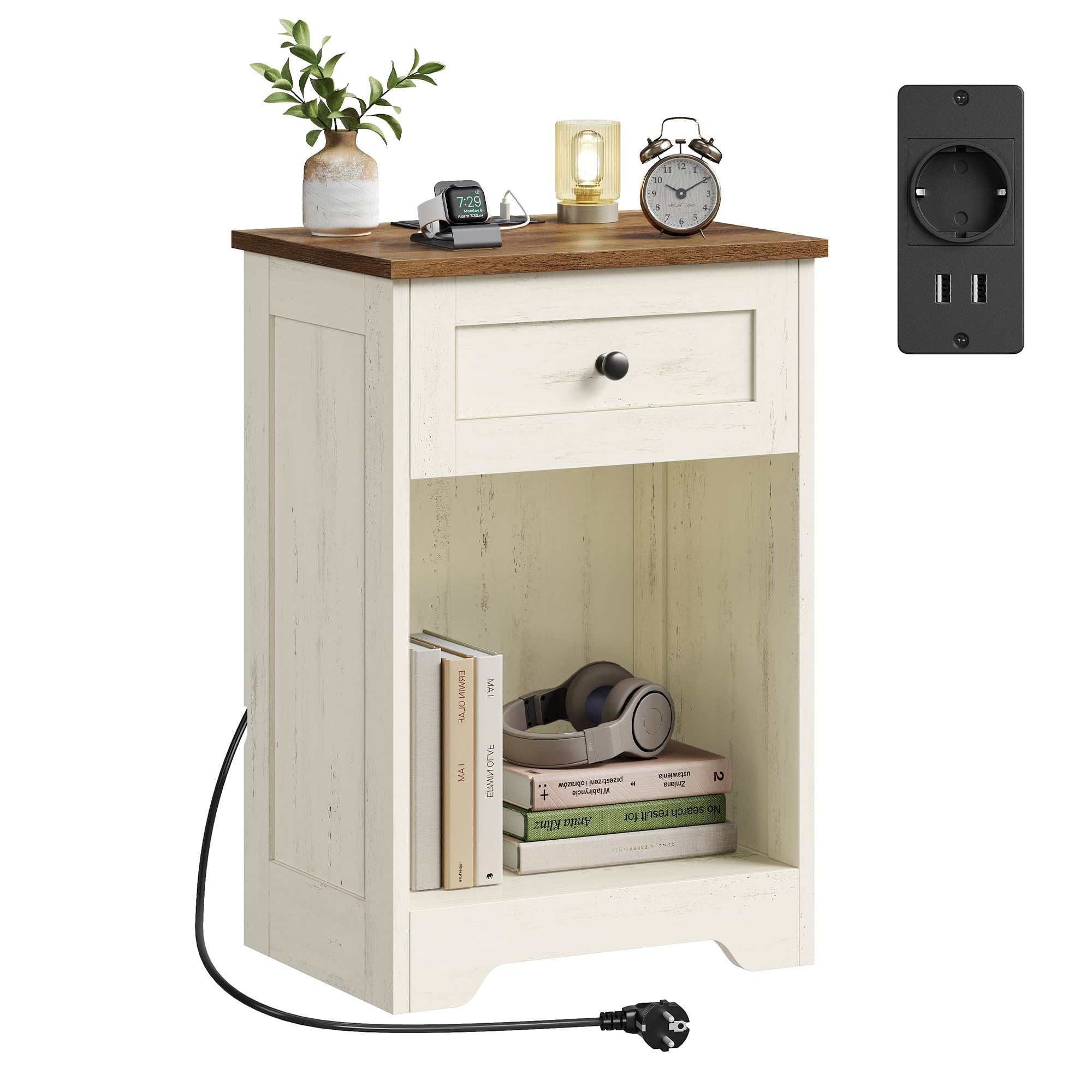 VASAGLE Table de Chevet en Bois avec Station de Charge, Table de Nuit avec Ports USB et 1 Tiroir, 40 x 30 x 59 cm, Blanc Nuage et Brun Chaud, Style Champêtre, Collection Siren LET628WJ01