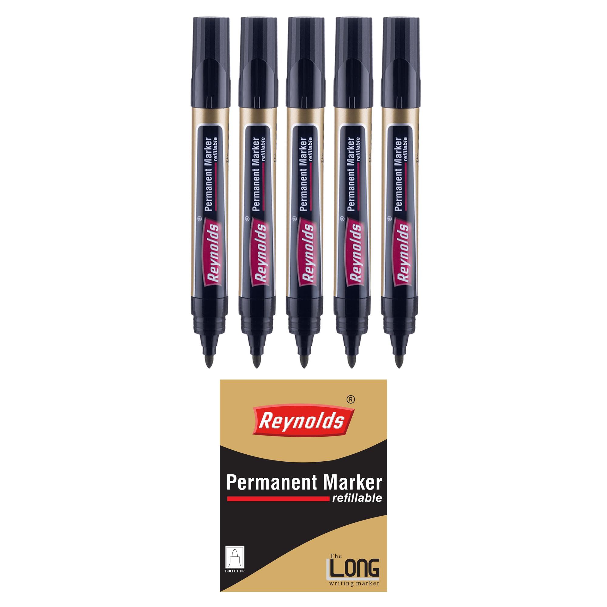Reynolds Bold PM 5 CT pouch - Black | Permanent Marker For Office and Home Use I Leak Proof Marker Pens with Unique Tip Stopper System
