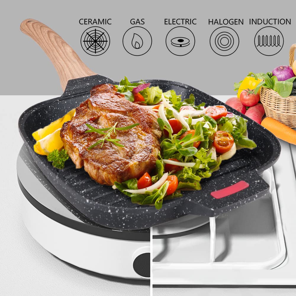 Poêle Grill 3 En 1 Avec Poignée Amovible Et Couvercle – Antiadhésive En Aluminium, Idéale Pour Induction Et Tous Feux