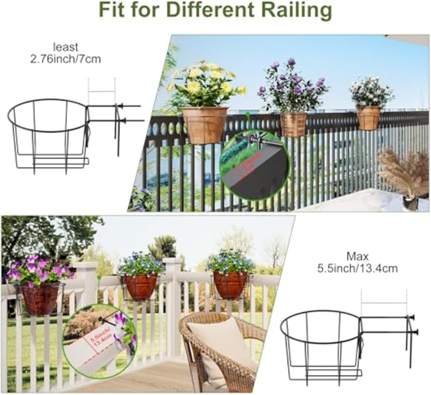 Balcony Fence Flower Pot Hangers, 3-Piece Adjustable Metal Railing Planter Holder Basket Fits 3 to 5.5 Inch Pole, for Outdoor Garden, Patio, Home Display