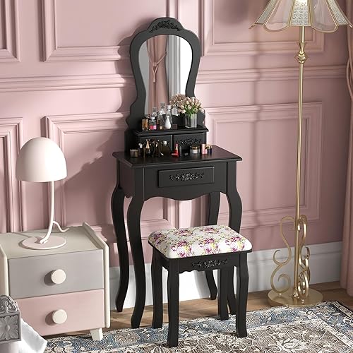 Giantex Small Vanity Desk Set, Black Makeup Vanity Table with Mirror, Cushioned Stool, 3 Storage Drawers, 20 inch Girls Dressing Table for Small Space Bedroom - Black