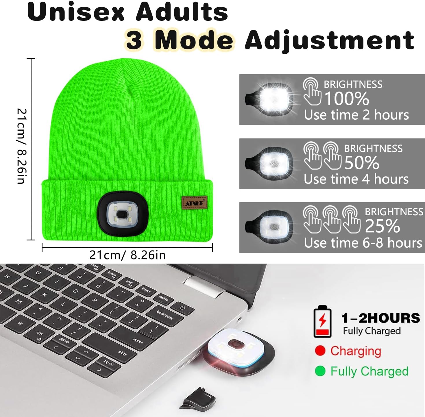 ATNKE LED Lighted Beanie Hat and Scarf Suit,USB Rechargeable 4 LED Run Headlamp Lined Fleece Cap Light for Men and Women