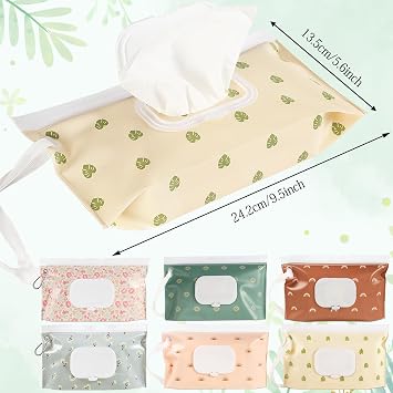FEBSNOW 6 Pack Baby Wipes Dispenser, Portable Refillable EVA Wipe Holder | Zip Locking Seal, Holds Over 60 Wipes, Keep Wipes Fresh, Wrist Loop Travel, Reusable Wipes Case, Baby Travel Wet Wipes Pouch