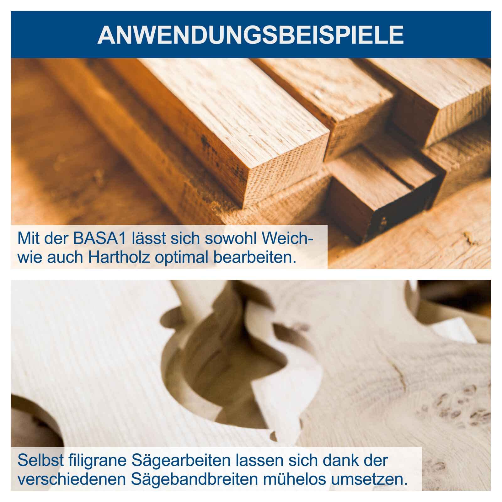 Scheppach Bandsäge BASA1 (300 Watt, max. Schnitthöhe: 100mm, Durchlassbreite: 195mm, bis zu 45° schwenkbarer Arbeitstisch, Bandrad-Ø: 200mm, Schnittgeschwindigkeit: 880m/min)