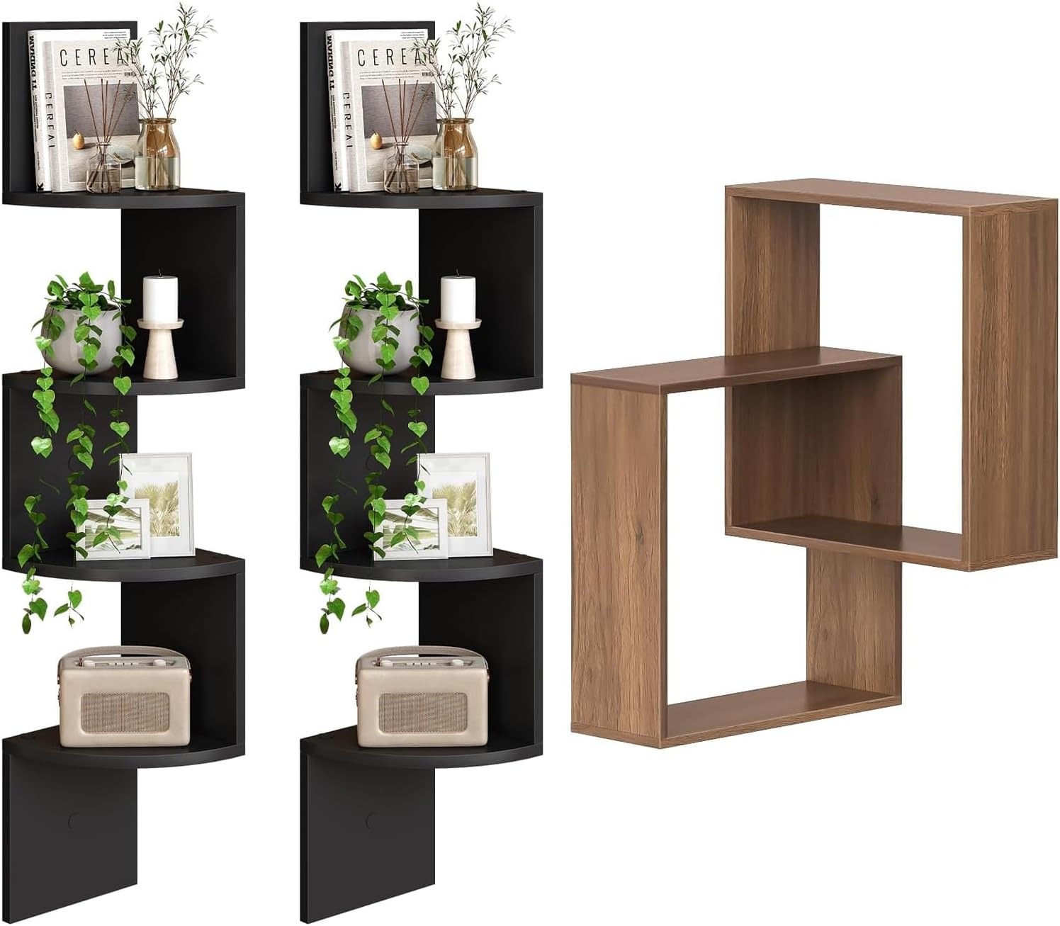 HOOBRO Corner Shelf and Corner Shelf Wall Mounted Bundle, Hanging Shelf for Livingroom, Bedroom, Bathroom BK25BJP201-WL84BJ01