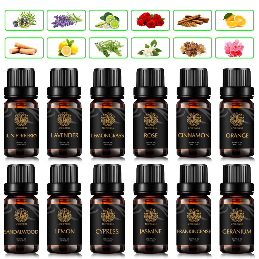Aromatherapie Sandelholz ätherisches Öl Set für Diffusor, 100% reine Weihrauch ätherische Öle Kit für zu Hause, 12x10ml Juniper Berry ätherisches Öl Kit-Orange,Zitrone,Rose Öle...