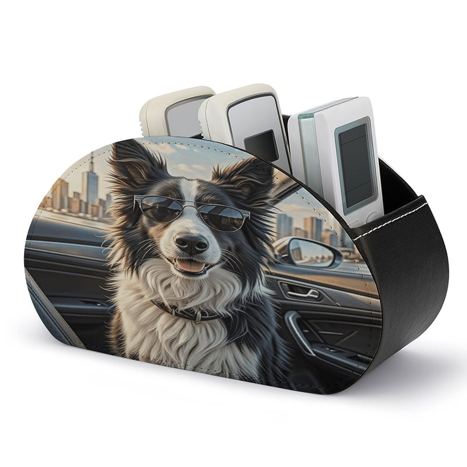 VstaDank Border Collie Dog Remote Control Holder with 5 Compartments PU Leather TV Remoter Caddy Desktop Organizer TV Remote Holder Remote Box for Media Controllers Office Supplies