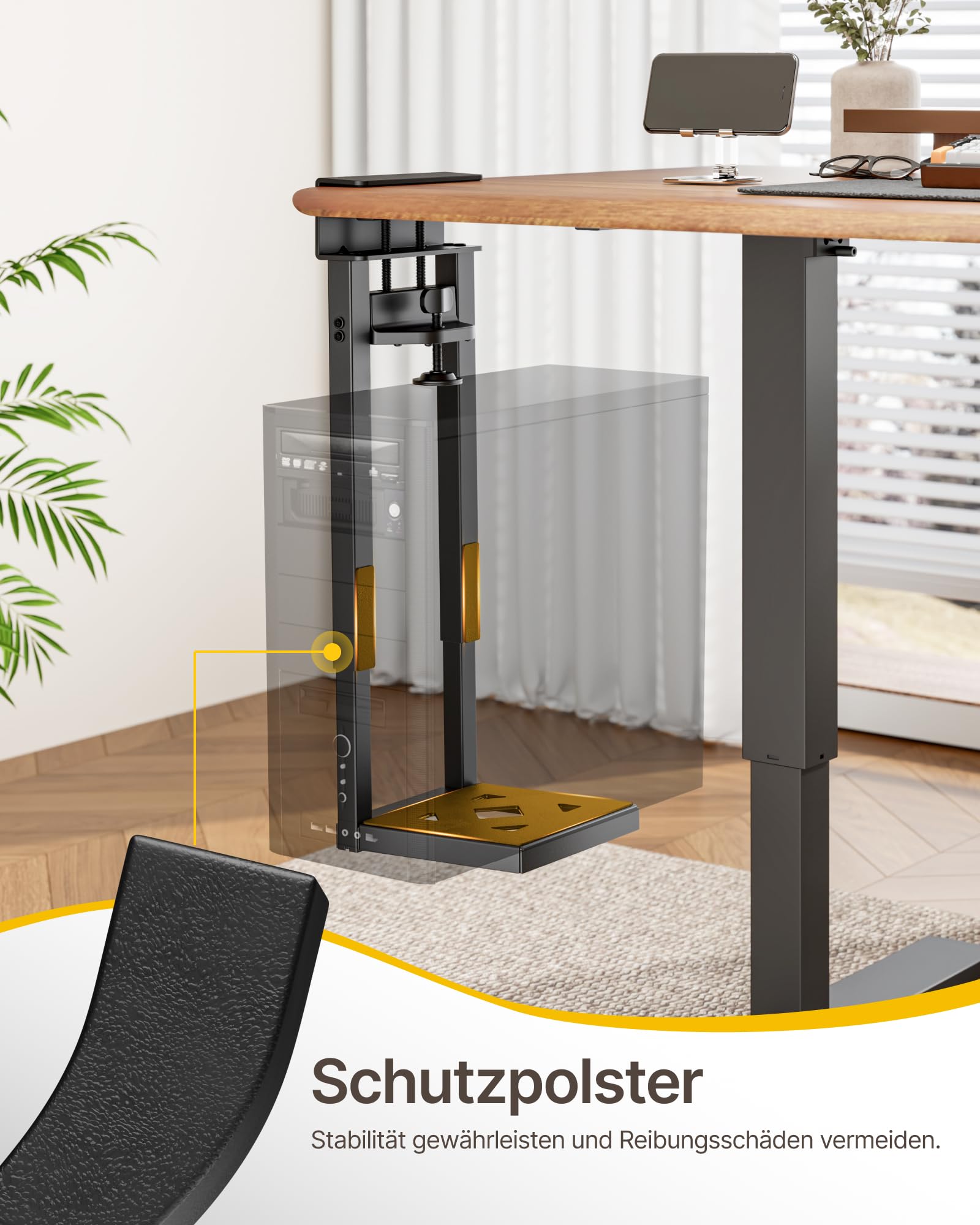 monTEK 30KG PC-Halterung unter Schreibtisch, Ohne Bohren montierbar | Heavy-Duty, Verstellbare Desktop PC Halterung mit Schutzpolstern, 41CM-65CM Höhe, für Büro, Zuhause, Klassenraum, Schwarz