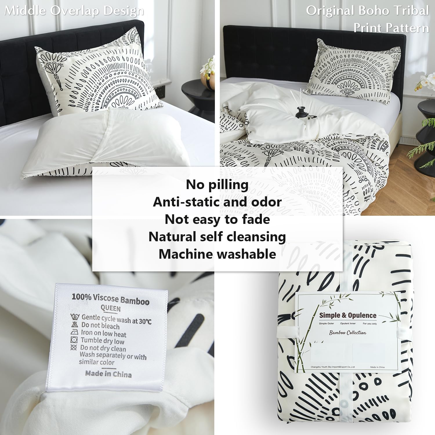 Simple&Opulence Boho Cooling Duvet Cover Set, 3Pcs Aztec Luxury Tribal Geometric Pattern Comforter Cover Set, Soft Breathable Bedding for Hot Sleepers(White, Queen)