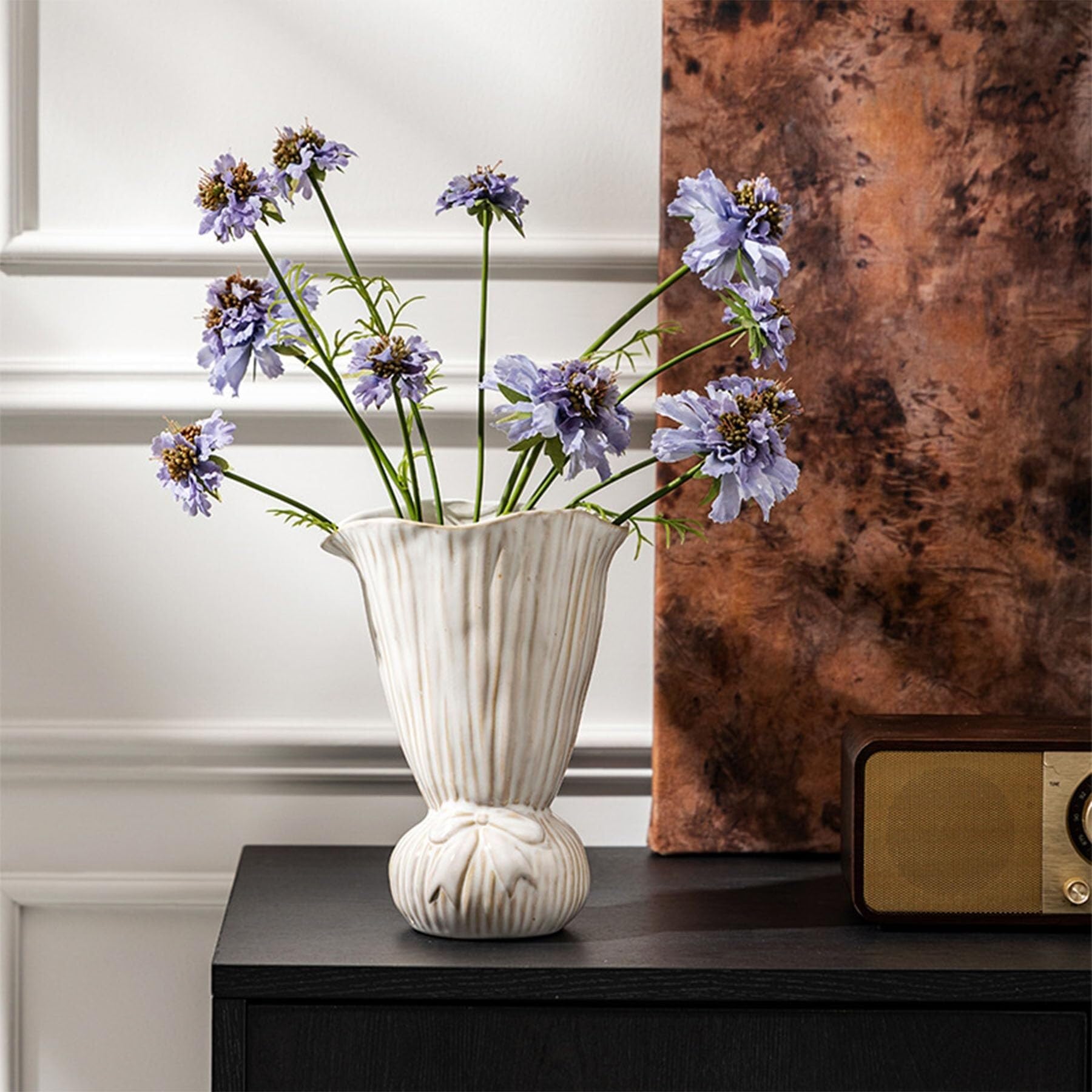 Unico Vaso in ceramica fatto a mano for la decorazione domestica in stile Wabi-sabi a strisce con design a bocca svasata Arredamento estetico per la stanza