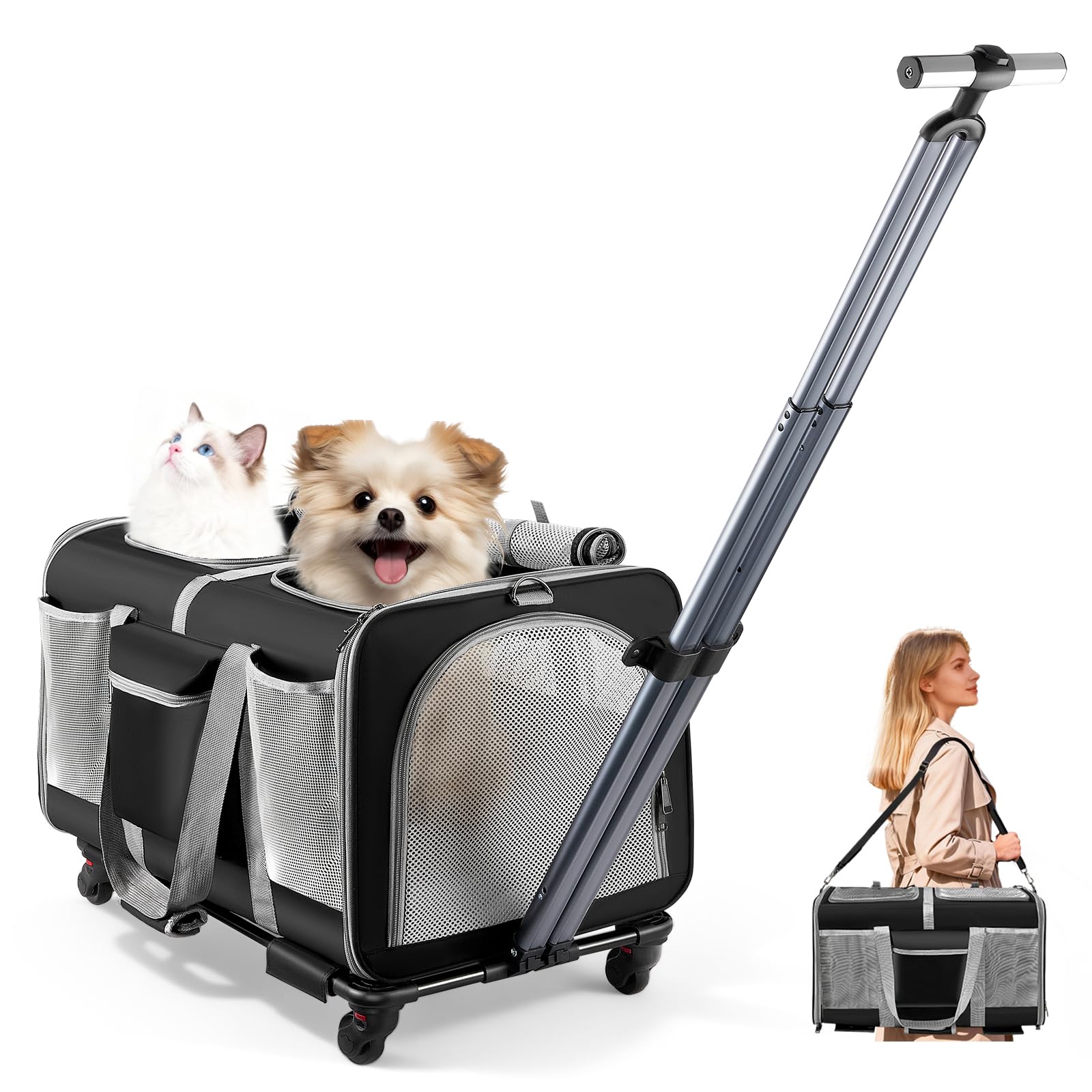 Large Cat Carrier with Detachable Wheels Rolling Pet Carrier