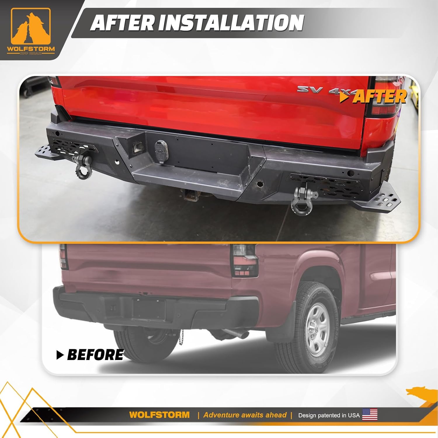WOLFSTORM Steel Rear Bumper Fits for 2022-2026 Nissan Frontier, Heavy Duty Car Bumper with A Set of 4" Pod Lights and 2 x D-ring, Full Width Rear Bumper (Type A)