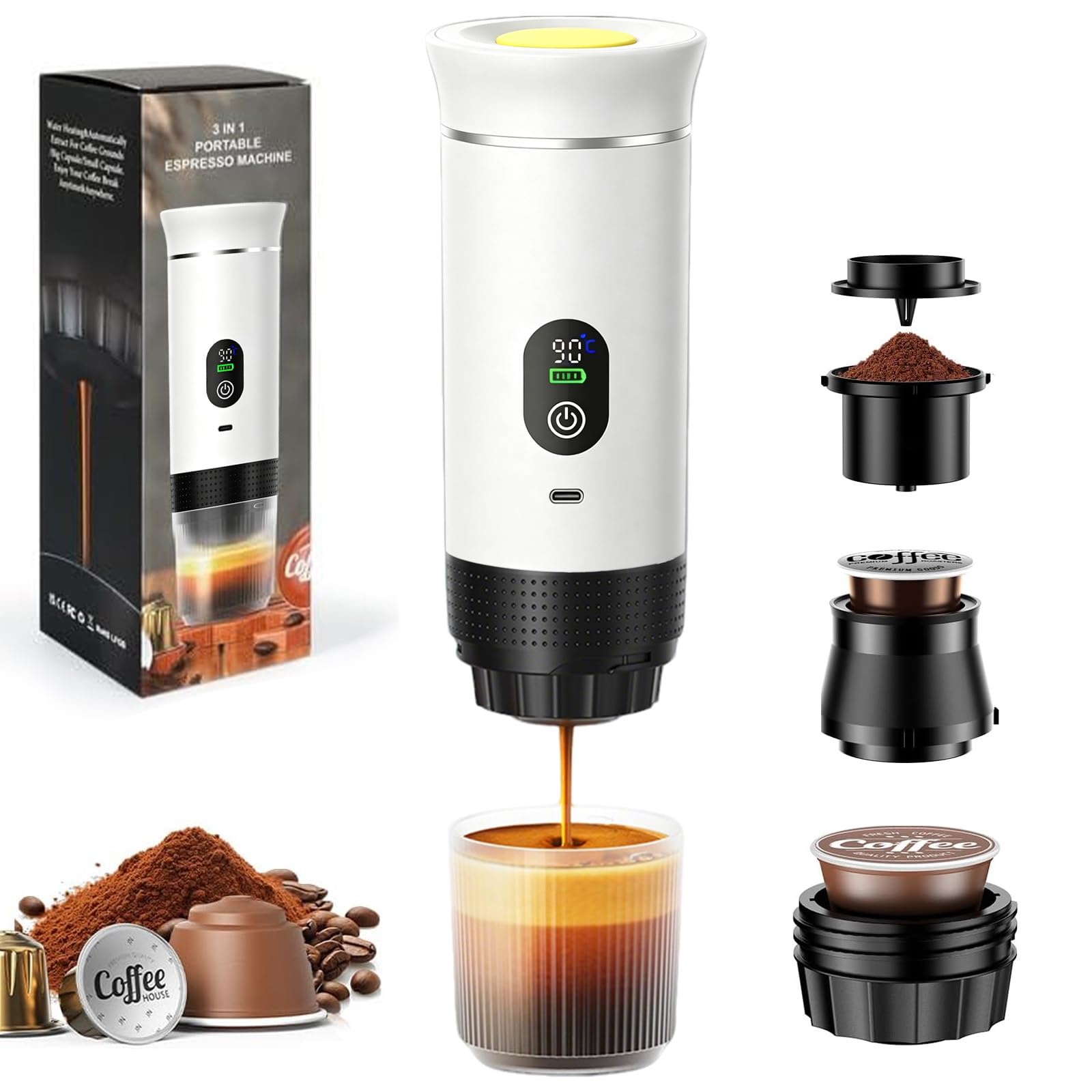 Mini cafetera de viaje 3 en 1 portátil con batería, máquina de café de viaje para coche, máquina de café espresso compatible con cápsulas y café molido para senderismo, oficina, autocaravana