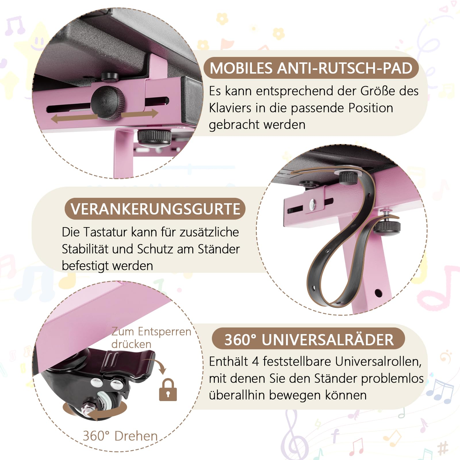 OUUTMEE Soporte para teclado, ruedas, soporte para teclado, forma de Z, ajustable, con riel deslizante, fácil de usar (Z-Rosa) | Con ruedas, fácil de usar, rango de altura: 55 – 87 cm, con soporte para auriculares, adecuado para ejercicios y actuaciones