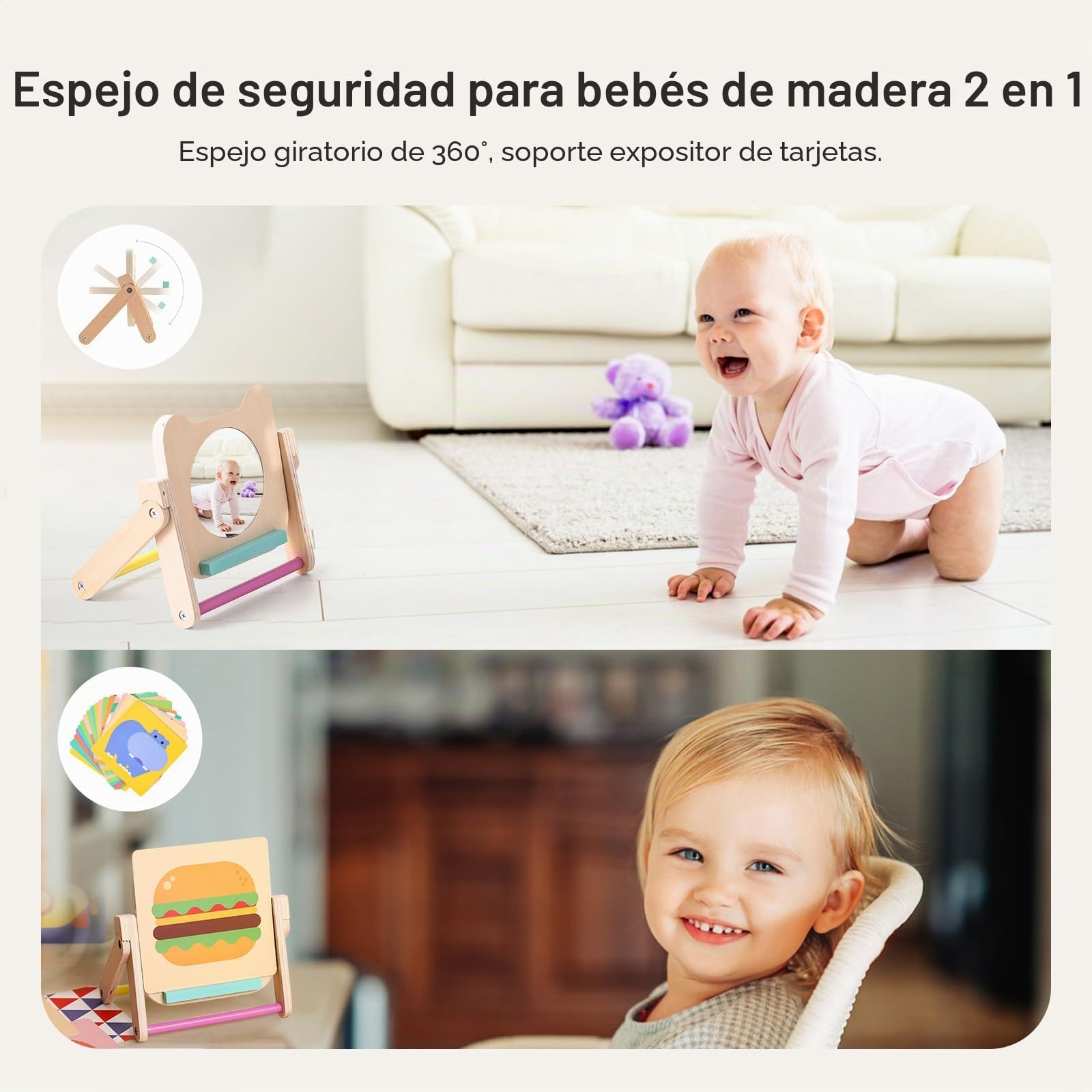 WOODEN TEETHER Montessori - Espejo visualmente estimulante con 120 tarjetas, juguete para tiempo abdominal, para recién nacidos 0-12 meses