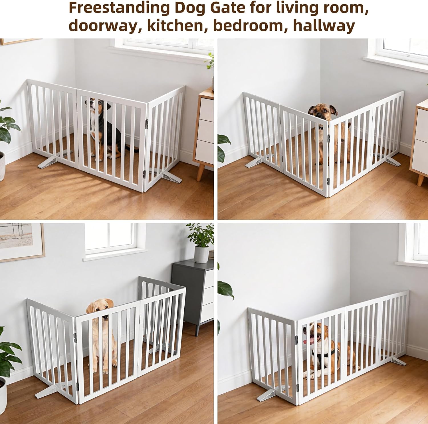 ZJSF Freestanding Indoor Dog Gate for House Foldable Wood White Puppy Gate for Doorways Pet Gate for Stairs Extra Wide Pet Fence 32" Height 3 Panels