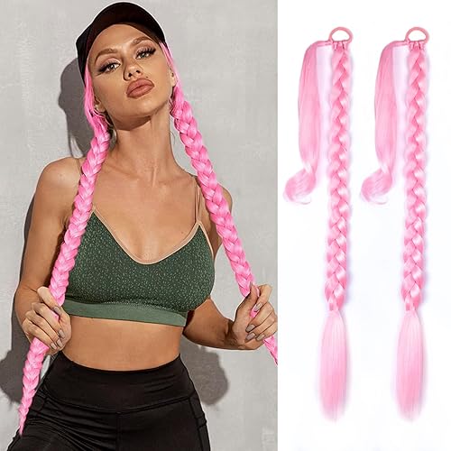 Miniatura 1 de Paquete de 2 extensiones de cabello sintético sintético suave y natural para mujer, color rosa, largo y trenzado, con banda elástica para el