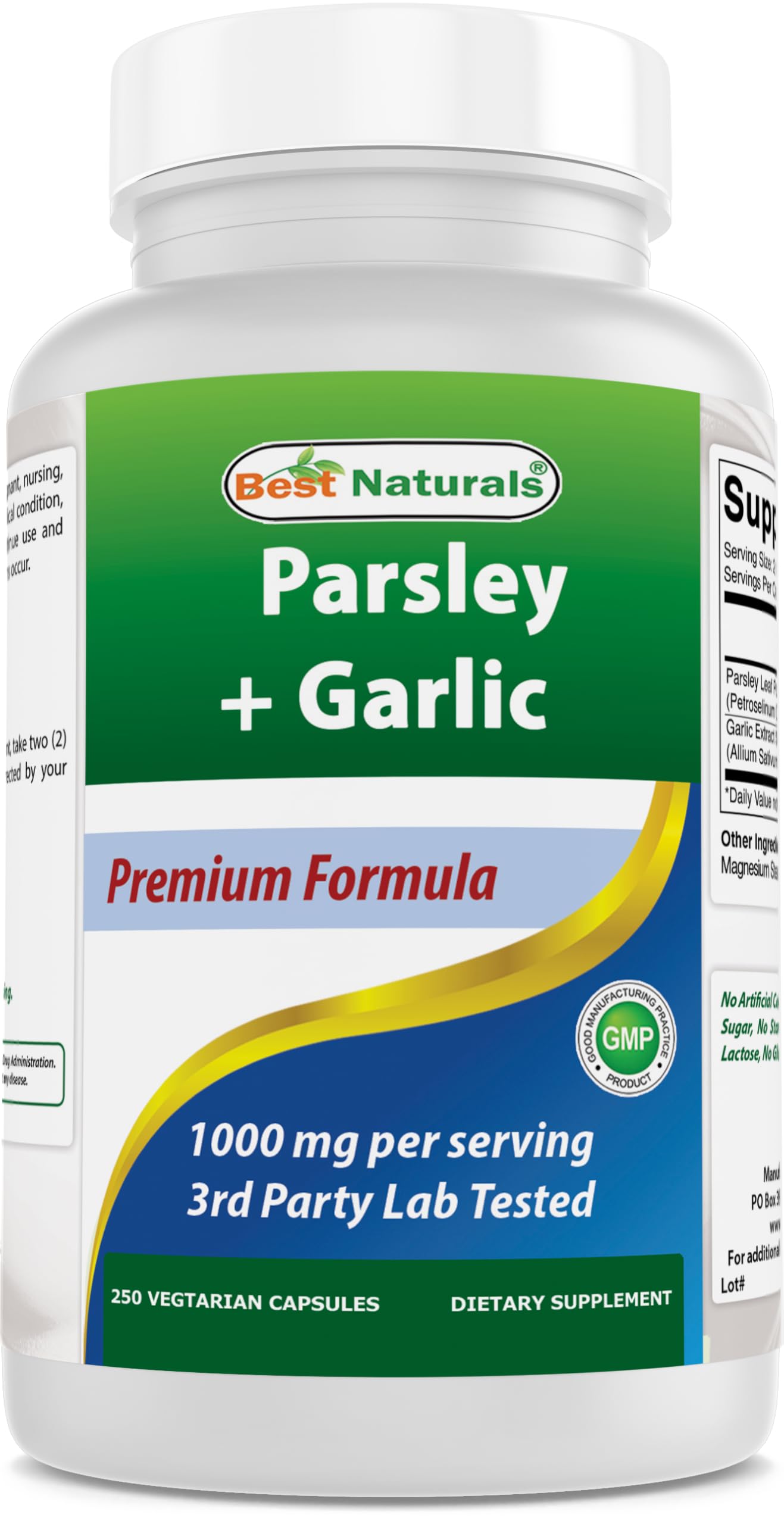 Best Naturals Parsley and Garlic 1000 mg per Serving 250 Vegetarian Capsules. Gluten Free and Non-GMO. 250 Count (Pack of 1)