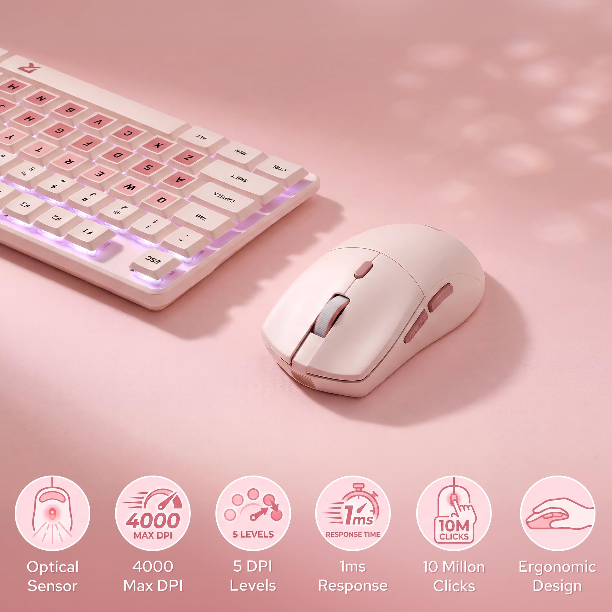 Redragon BS8531 Combo Teclado Ratón Inalámbrico 4000 dpi Rosa | Teclas Planas Mecánicas LED Blanco 3 Tonos Diseño Ergonómico Conexión 2.4 GHz