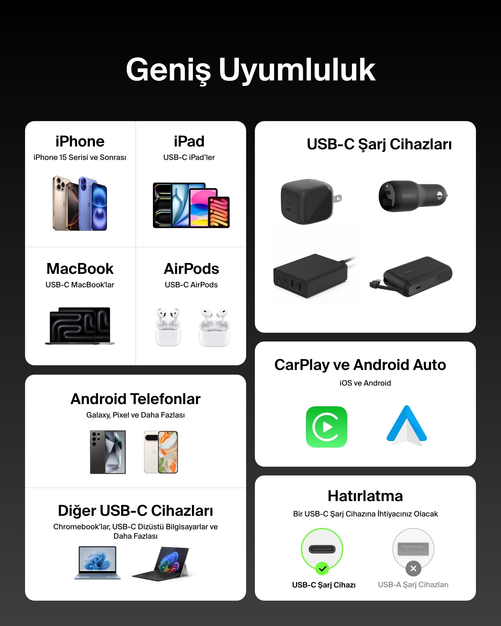 Belkin 2'li Örgülü USB-C - USB-C Kablo, 1,5 m, 240 W, Yumuşak, Esnek ve Hızlı Şarj Kablosu, iPhone 17 ve 16 Serisi, Galaxy S25, Pixel 10, iPad Pro ve Daha Fazlasıyla Uyumlu, Siyah