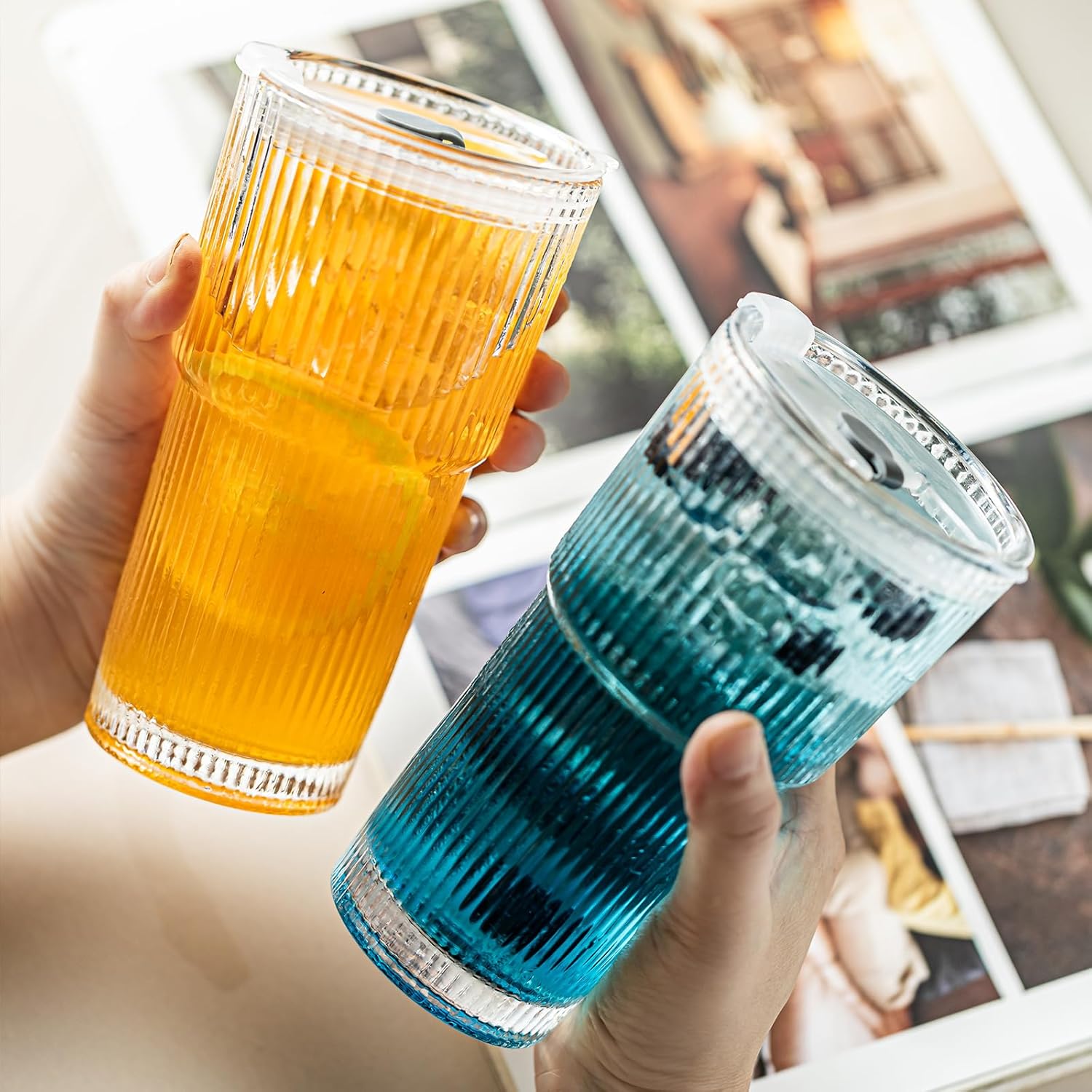20oz Ribbed Drinking Glasses with Lids and Glass Straws-Thickened Glass cup -Vintage glass straw cups- Ideal for Iced Coffees, Cocktails, Juices, Family Use and Parties (4) - Image 4